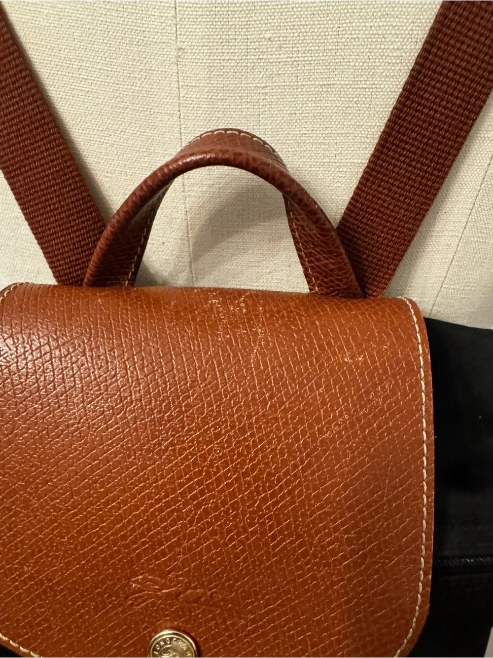 Longchamp Black Backpack with Brown Leather Flap